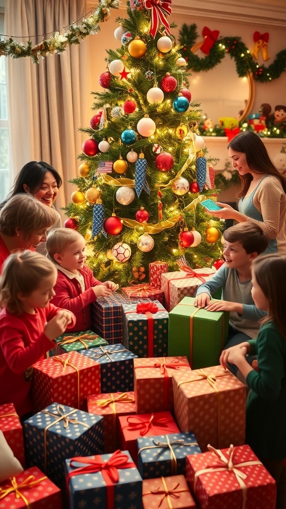 A family joyfully opening Christmas gifts around a decorated tree, filled with colorful presents.